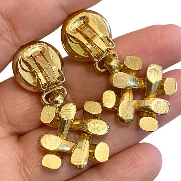 Signed Beauty Brass White Gold Clip On Earrings Bold Chunky Statement Italy - Picture 5 of 10